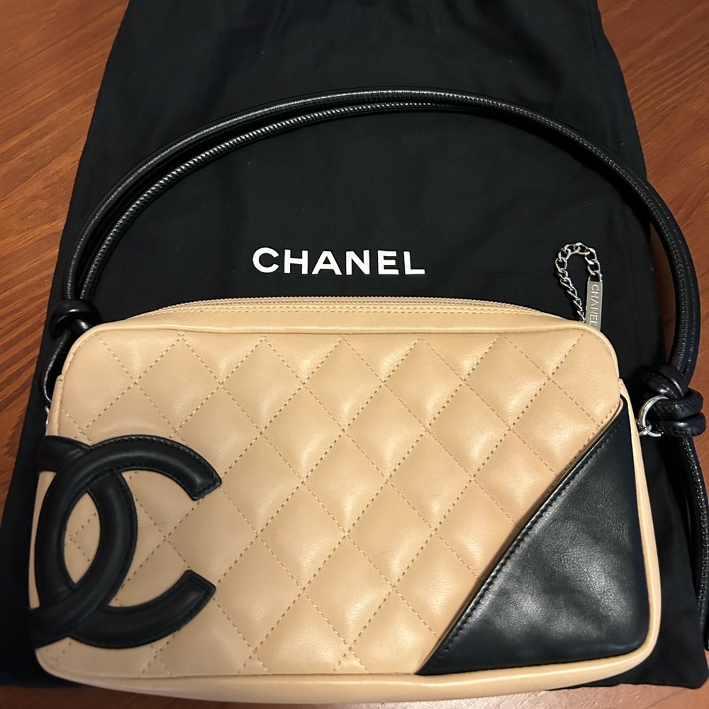 Chanel Cambon Small Rectangular Leather Handbag. Beige and Black.